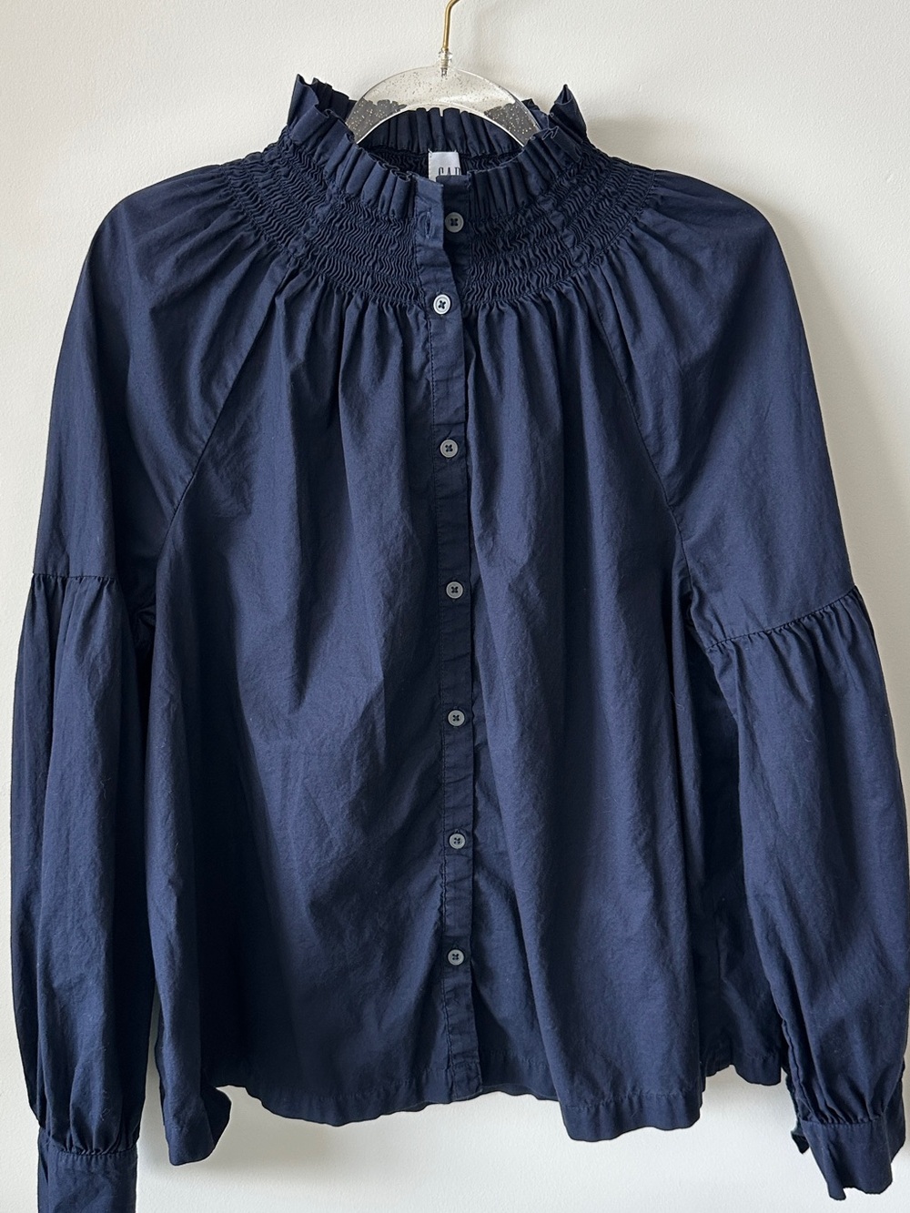 GAP Navy Smocked High-Neck Button-Down Blouse